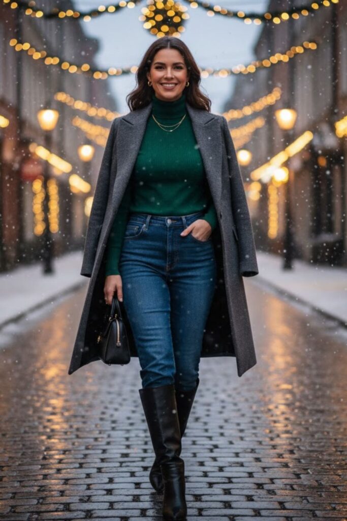 2. High-Waisted Blue Jeans with Turtleneck