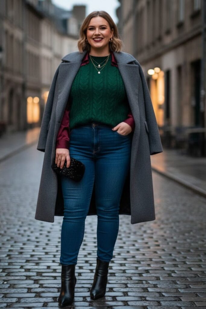 2. High-Waisted Jeans with Silk Blouse and Coat