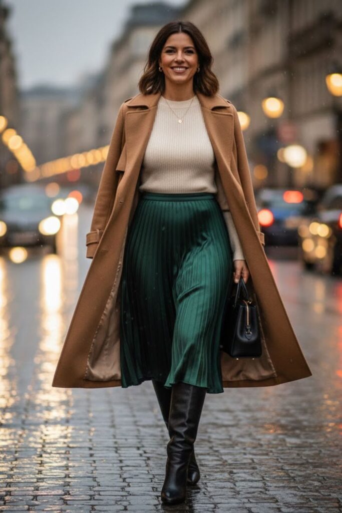 2. Knit Sweater with Midi Skirt and Knee-High Boots