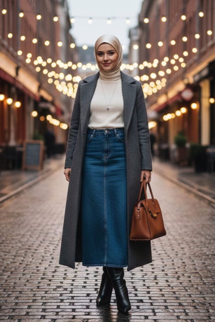 2. Long Denim Skirt with a Turtleneck and Long Coat