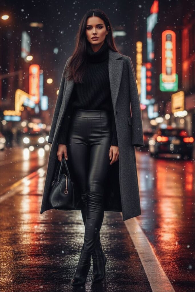 2. Long Wool Coat and Leather Leggings
