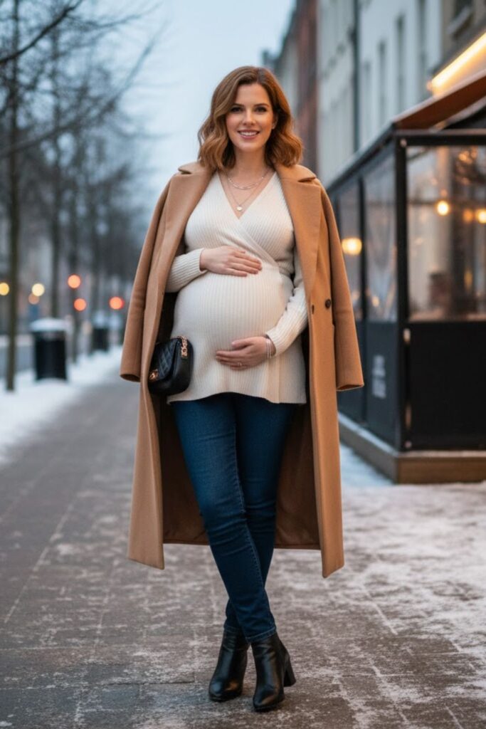 2. Maternity Jeans with Wrap Top and Long Coat