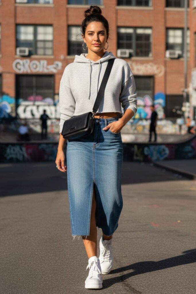 2. Midi Denim Skirt with a Cropped Hoodie