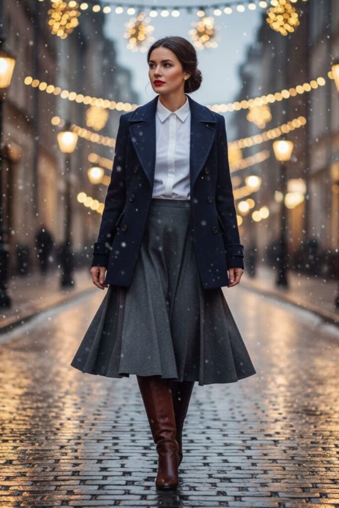 2. Navy Peacoat with White Shirt and Pleated Skirt