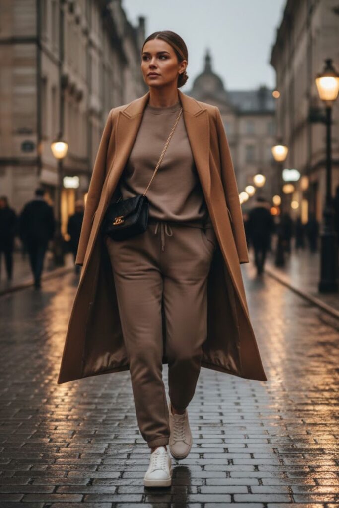 2. Neutral Jogger Set with Long Wool Coat