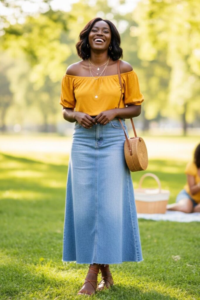 2. Off-Shoulder Top and Light Wash Denim Skirt