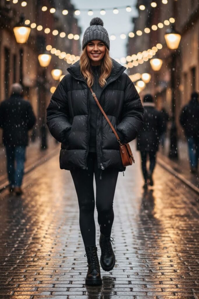 2. Oversized Black Puffer Jacket with Leggings