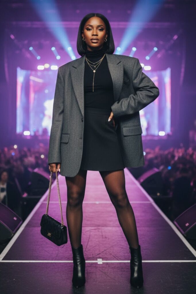 2. Oversized Blazer with Mini Skirt and Tights