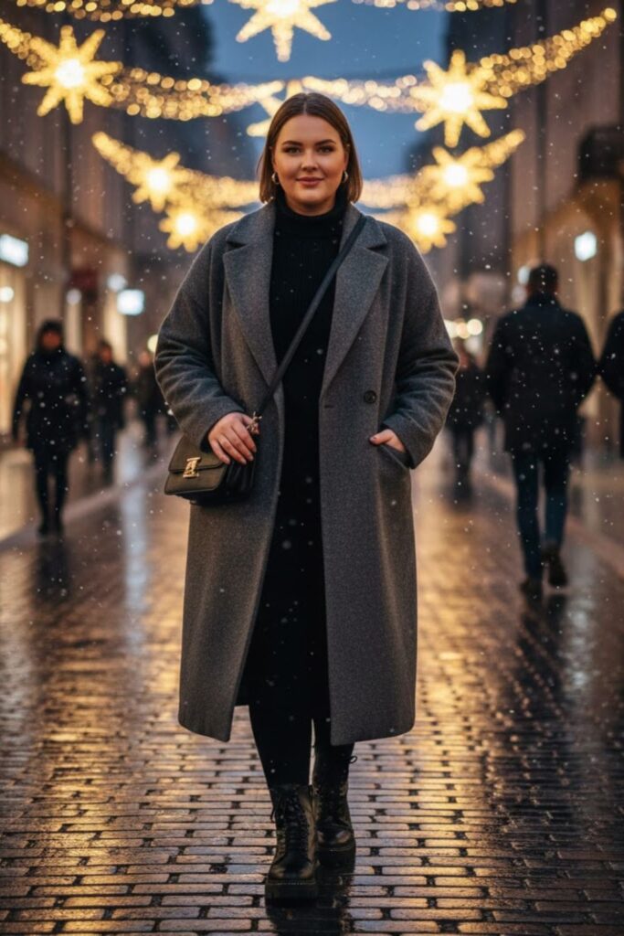 2. Oversized Coat with Leggings and Combat Boots