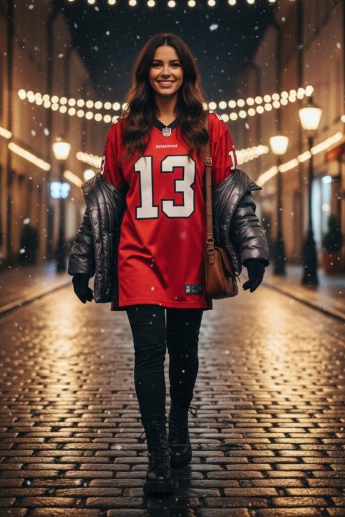 2. Oversized Football Jersey with Leggings and Puffer Jacket