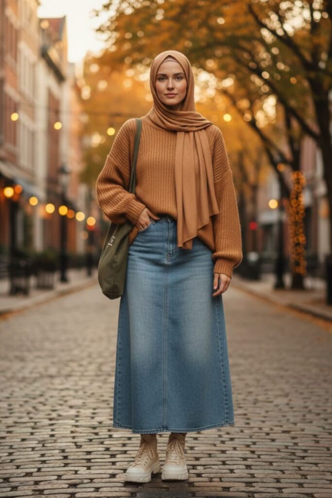 2. Oversized Sweater and Long Denim Skirt
