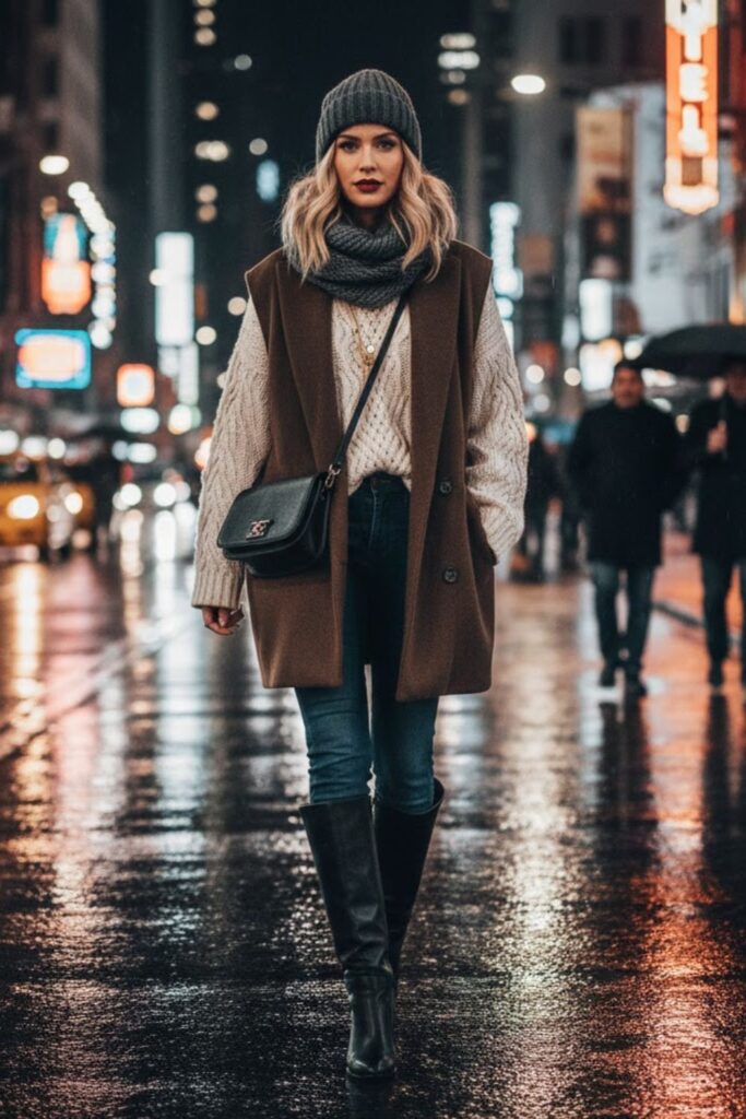 2. Oversized Waistcoat with Knit Sweater and Skinny Jeans