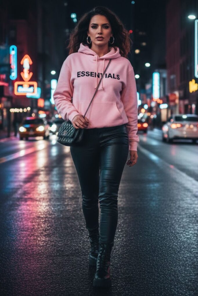 2. Pink Hoodie with Black Leather Pants