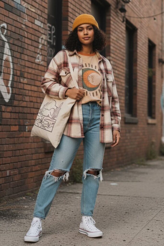 2. Plaid Shirt and Graphic Tee Combo
