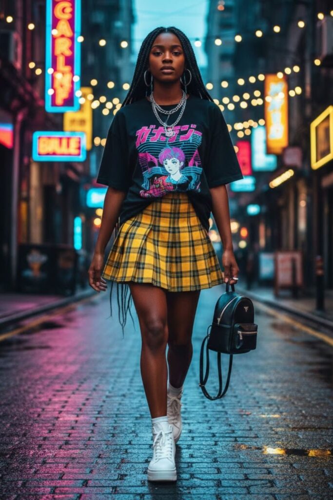 2. Pleated Mini Skirt with Oversized Graphic Tee