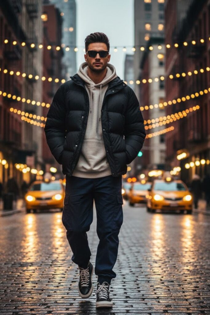 2. Puffer Jacket with Hoodie and Cargo Pants