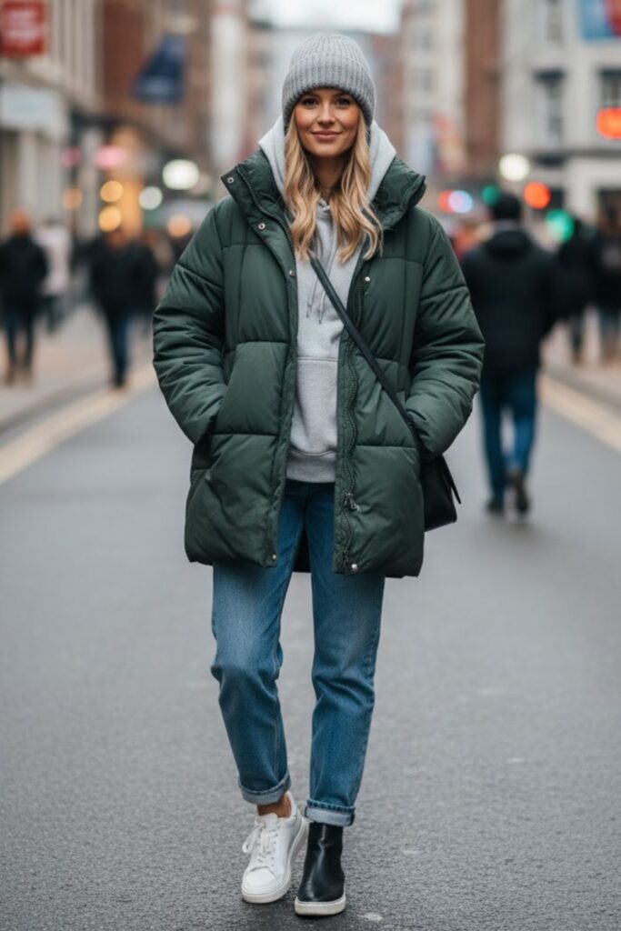 2. Puffer Jacket with Hoodie and Jeans
