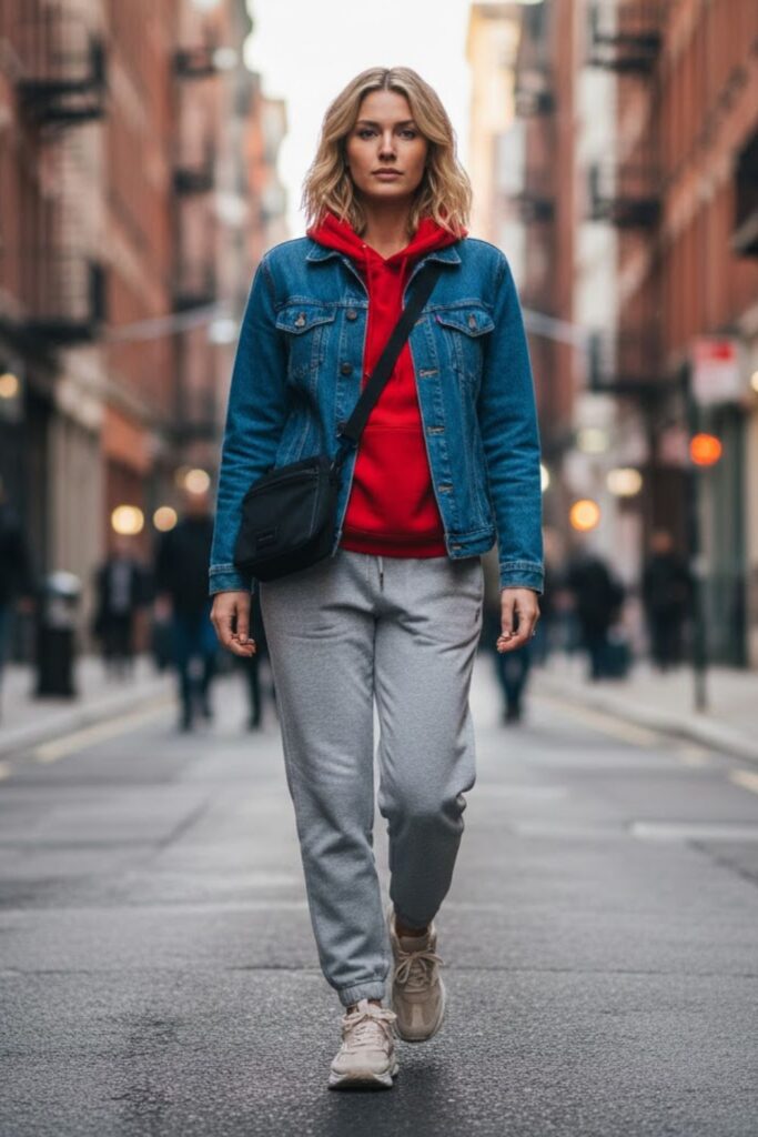 2. Red Hoodie with Blue Denim Jacket and Joggers
