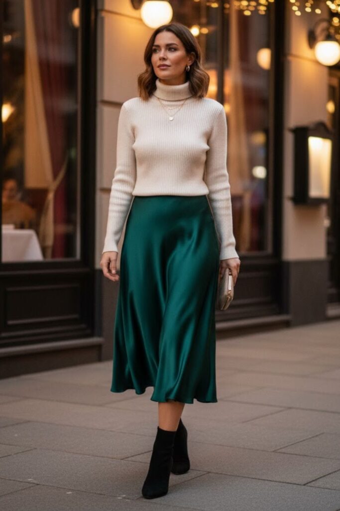 2. Satin Midi Skirt with Turtleneck Sweater