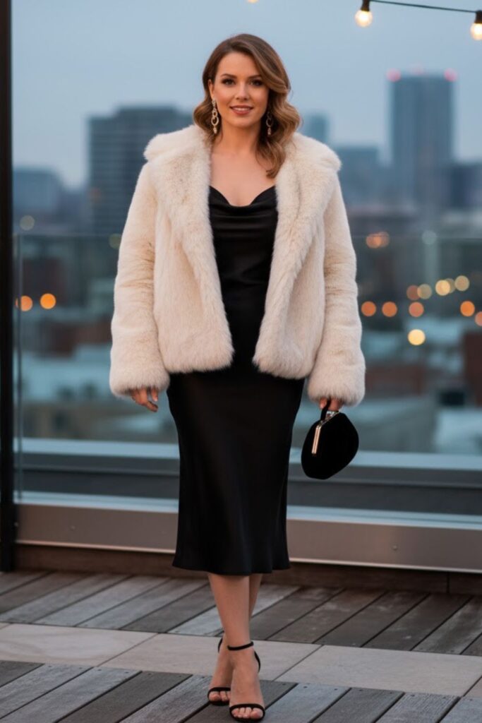 2. Satin Slip Dress with Faux Fur Jacket