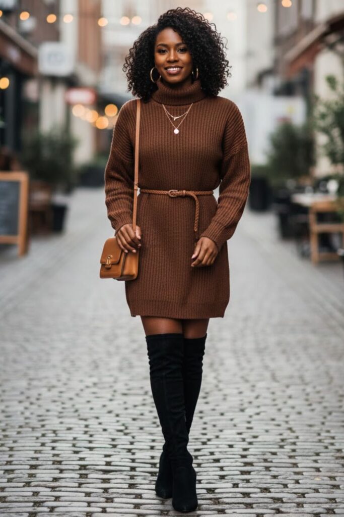 2. Turtleneck Sweater Dress with Over-the-Knee Boots