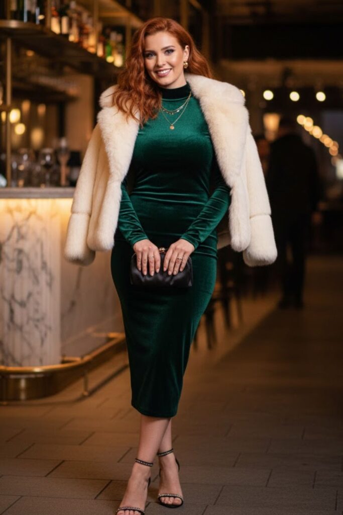 2. Velvet Bodycon Dress with Faux Fur Coat