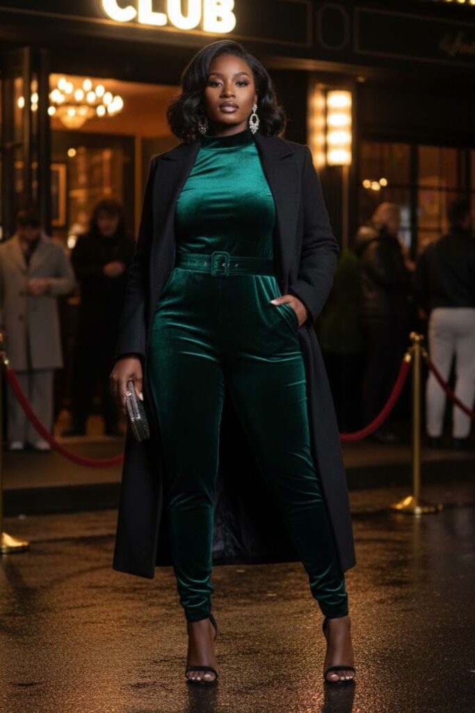 2. Velvet Jumpsuit with Strappy Heels and Statement Earrings