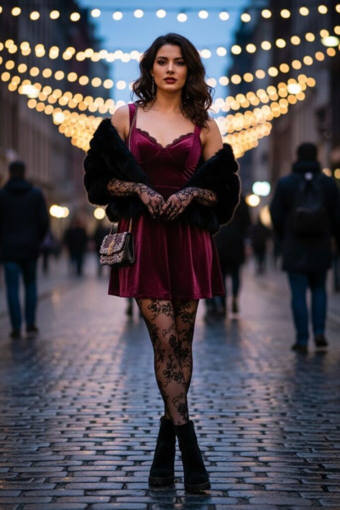 2. Velvet Midi Dress with Lace Gloves