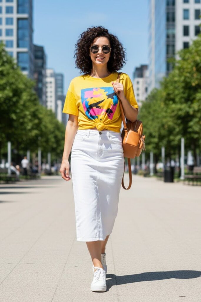 2. White Denim Midi Skirt with a Graphic Tee and Sneakers