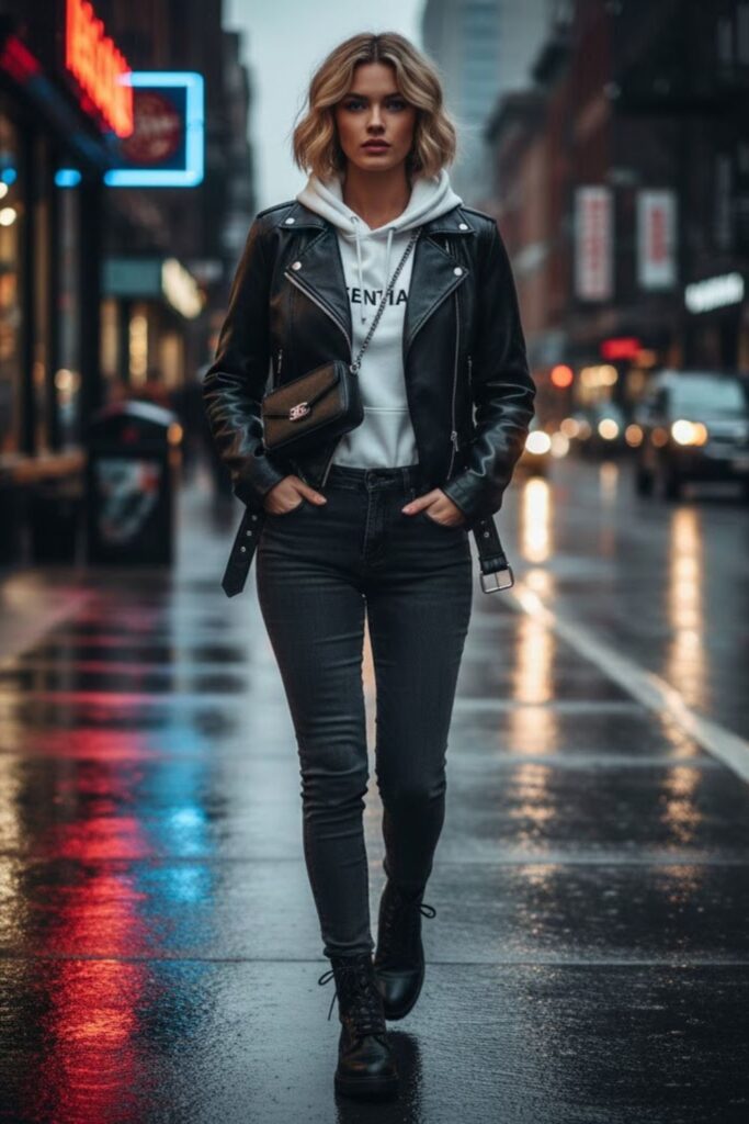 2. White Hoodie with Black Leather Jacket and Jeans
