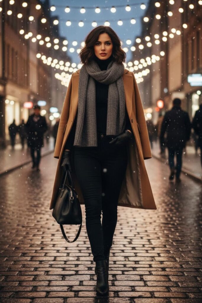 2. Wool Coat with Turtleneck and Skinny Jeans