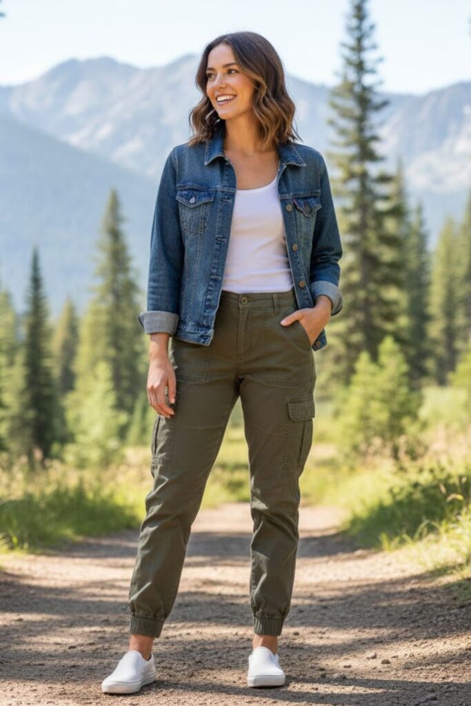 3. Army Green Pants with a Denim Jacket and Tank Top
