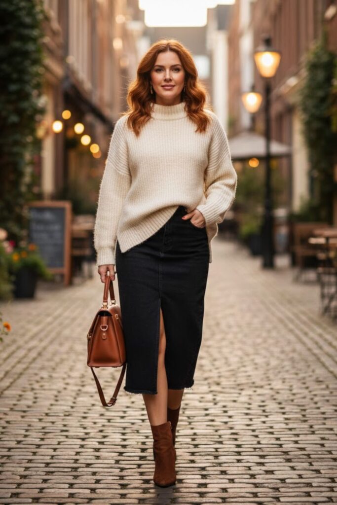 3. Black Denim Midi Skirt with a Beige Sweater
