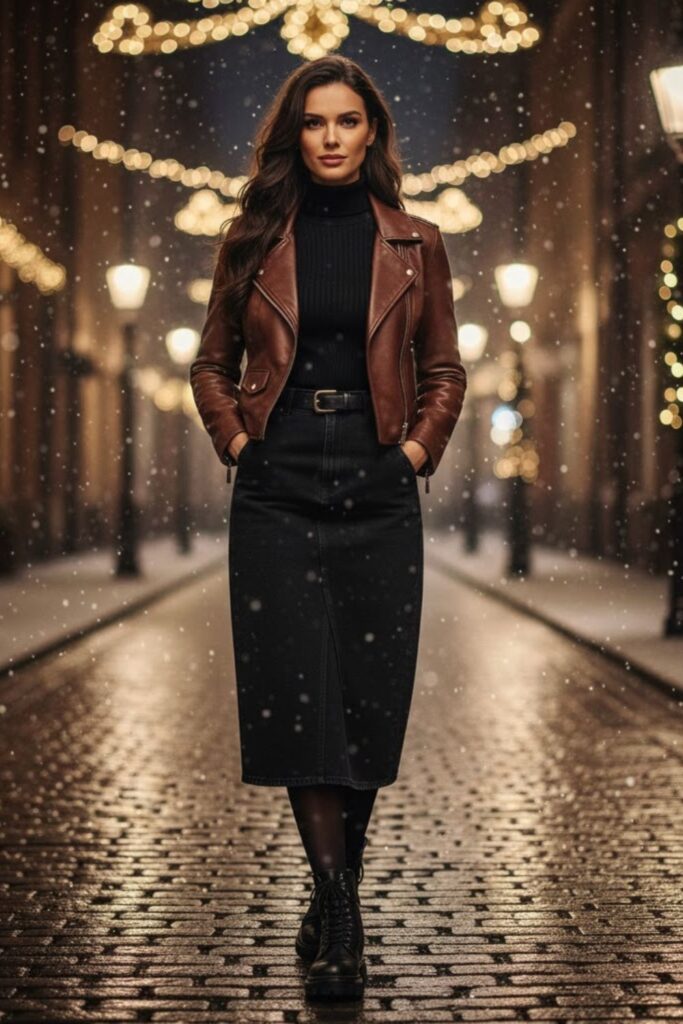 3. Black Denim Skirt with Leather Jacket