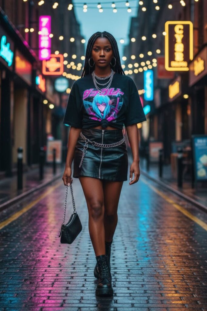 3. Black Leather Mini Skirt with Bold Print Tee
