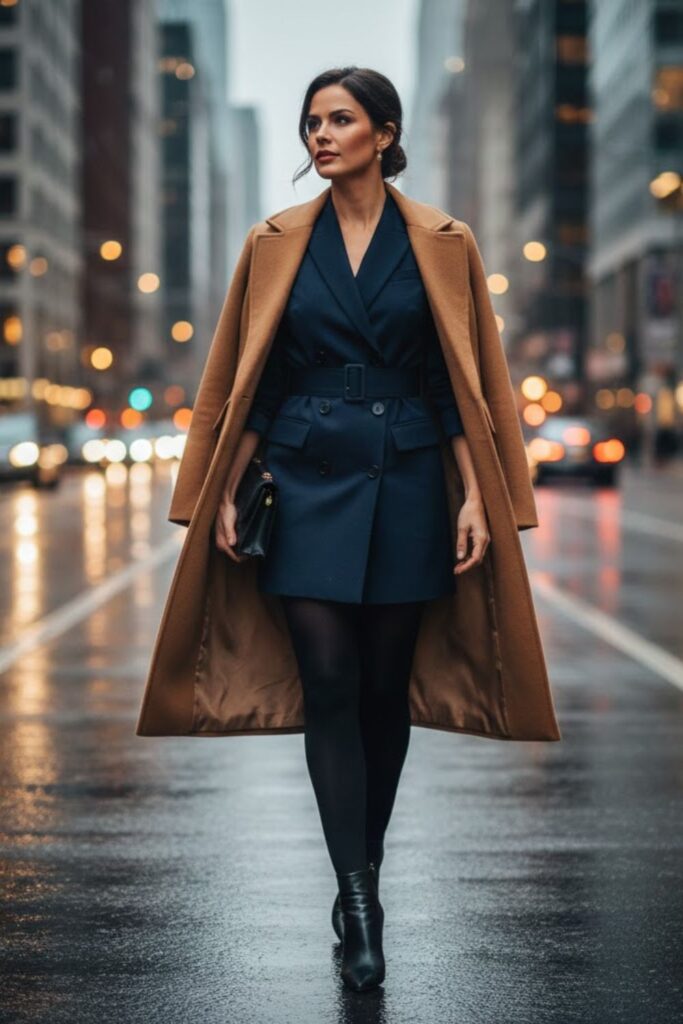 3. Blazer Dress with Tights and Heeled Boots
