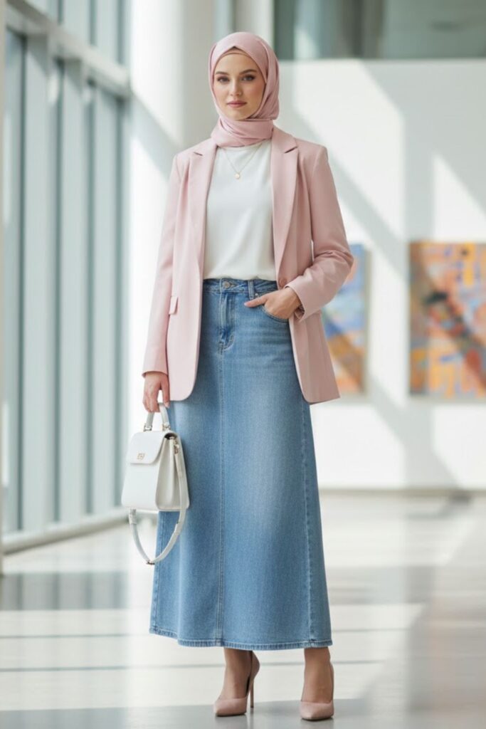 3. Blazer and Long Denim Skirt Combo