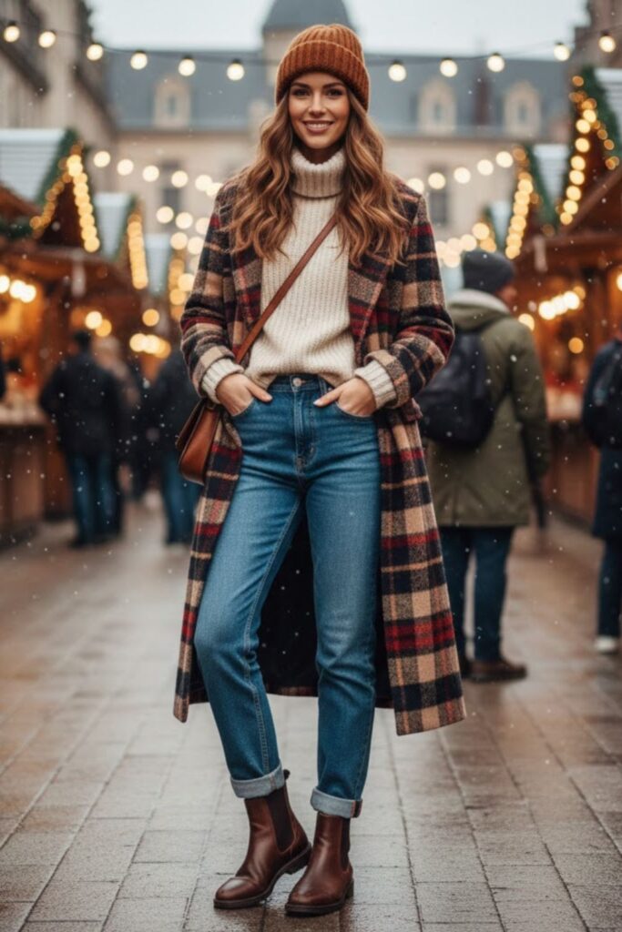 3. Brown Chelsea Boots with Plaid Coat and Jeans