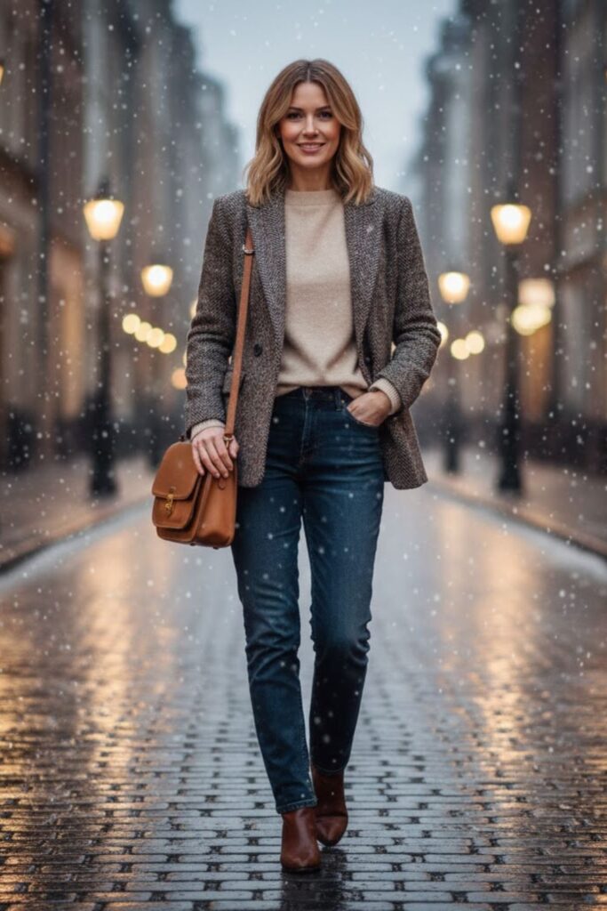 3. Cashmere Sweater with Tweed Blazer and Jeans