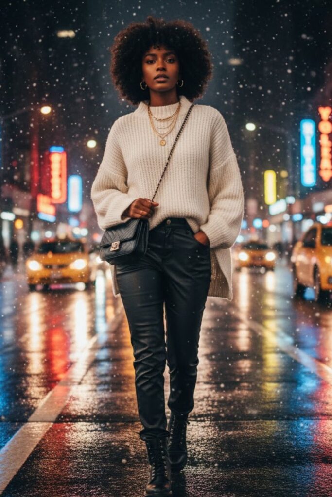 3. Chunky Knit Sweater with Leather Pants