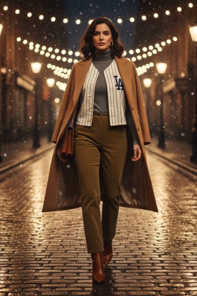 3. Cropped Baseball Jersey with High-Waisted Pants