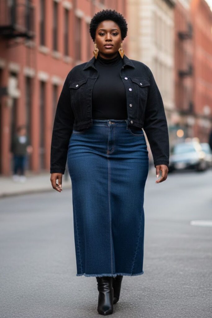 3. Cropped Denim Jacket and Black Turtleneck