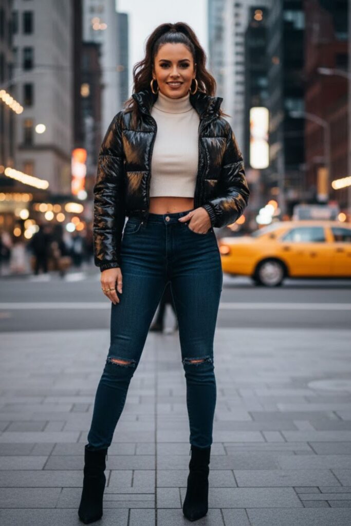 3. Cropped Puffer Jacket with High-Waisted Jeans