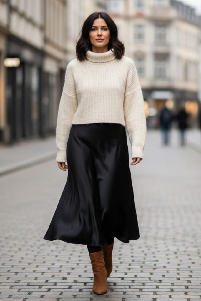3. Cropped Sweater with a Black Silk Midi Skirt