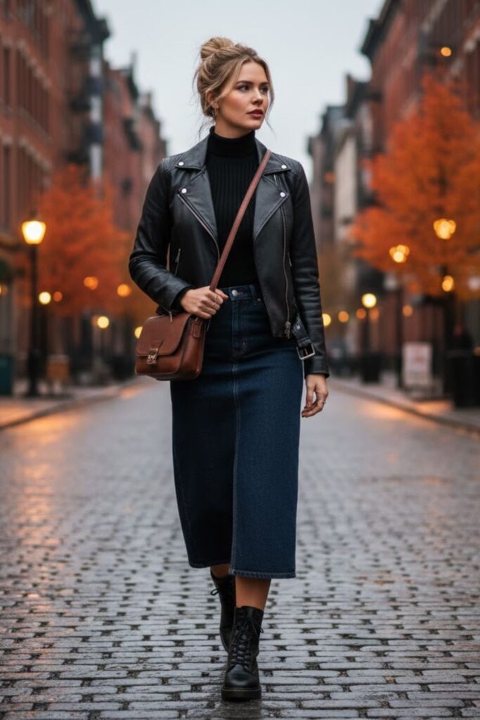 3. Denim Midi Skirt with a Leather Jacket