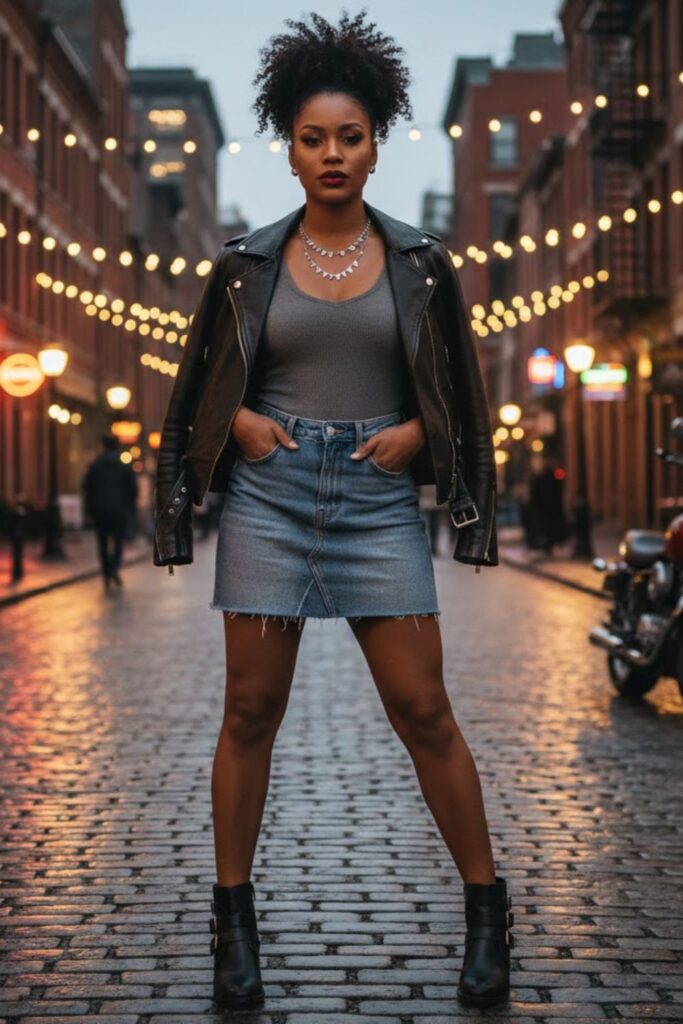 3. Denim Mini Skirt with Leather Jacket