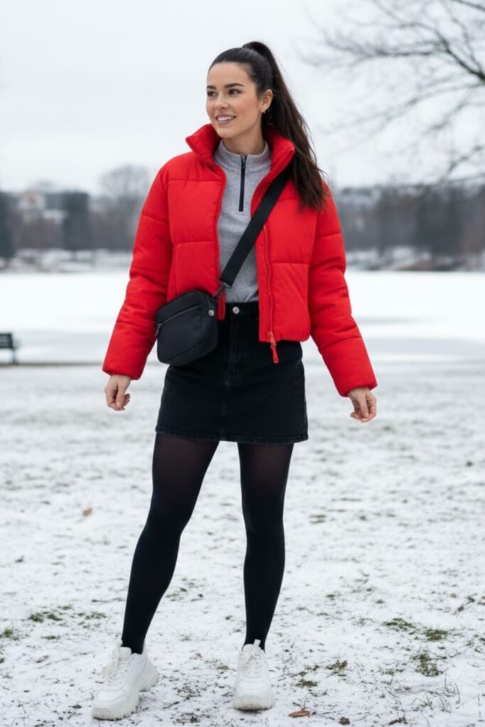 3. Denim Mini Skirt with Puffer Jacket