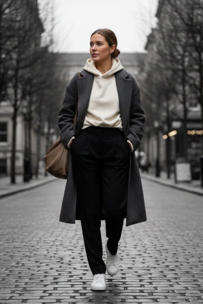 3. Essentials Hoodie with Oversized Coat and Trousers