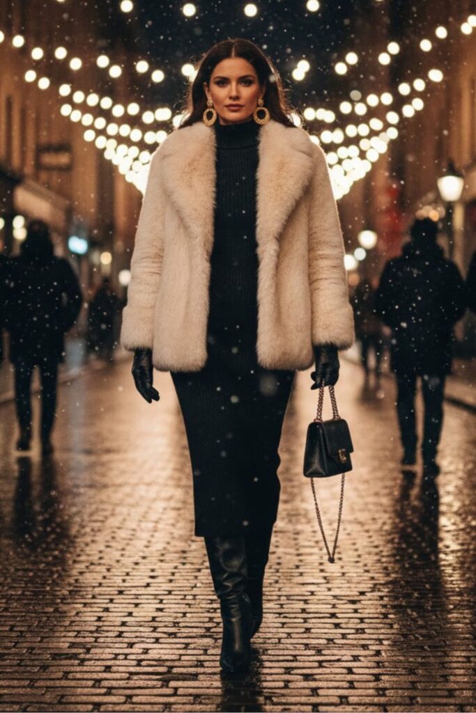3. Faux Fur Coat with Midi Dress