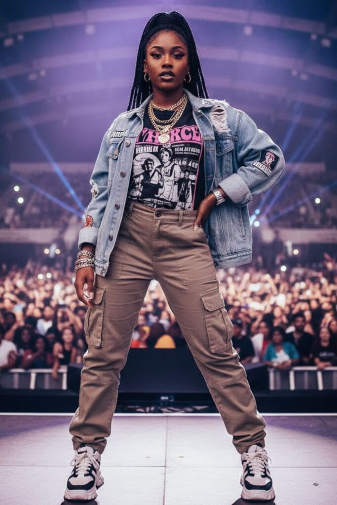 3. Graphic Tee with Denim Jacket and Cargo Pants